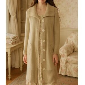 April Cornell Chunky Knit Cardigan Sweater Womens Size XL Beige Duster Shawl